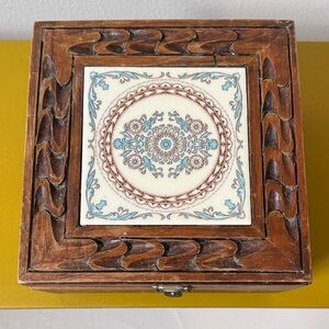 Wooden Trinket Box with Decorative Tile Top - Blue and Brown
